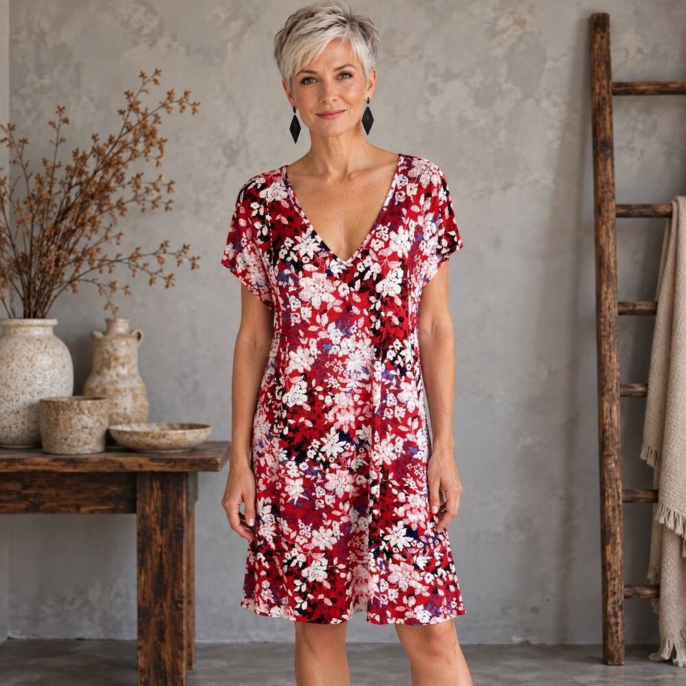 Lucky Brand Red Knit Floral Dress Medium